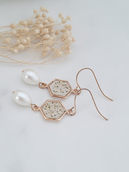 Pearl Drop and Real Flower Earrings