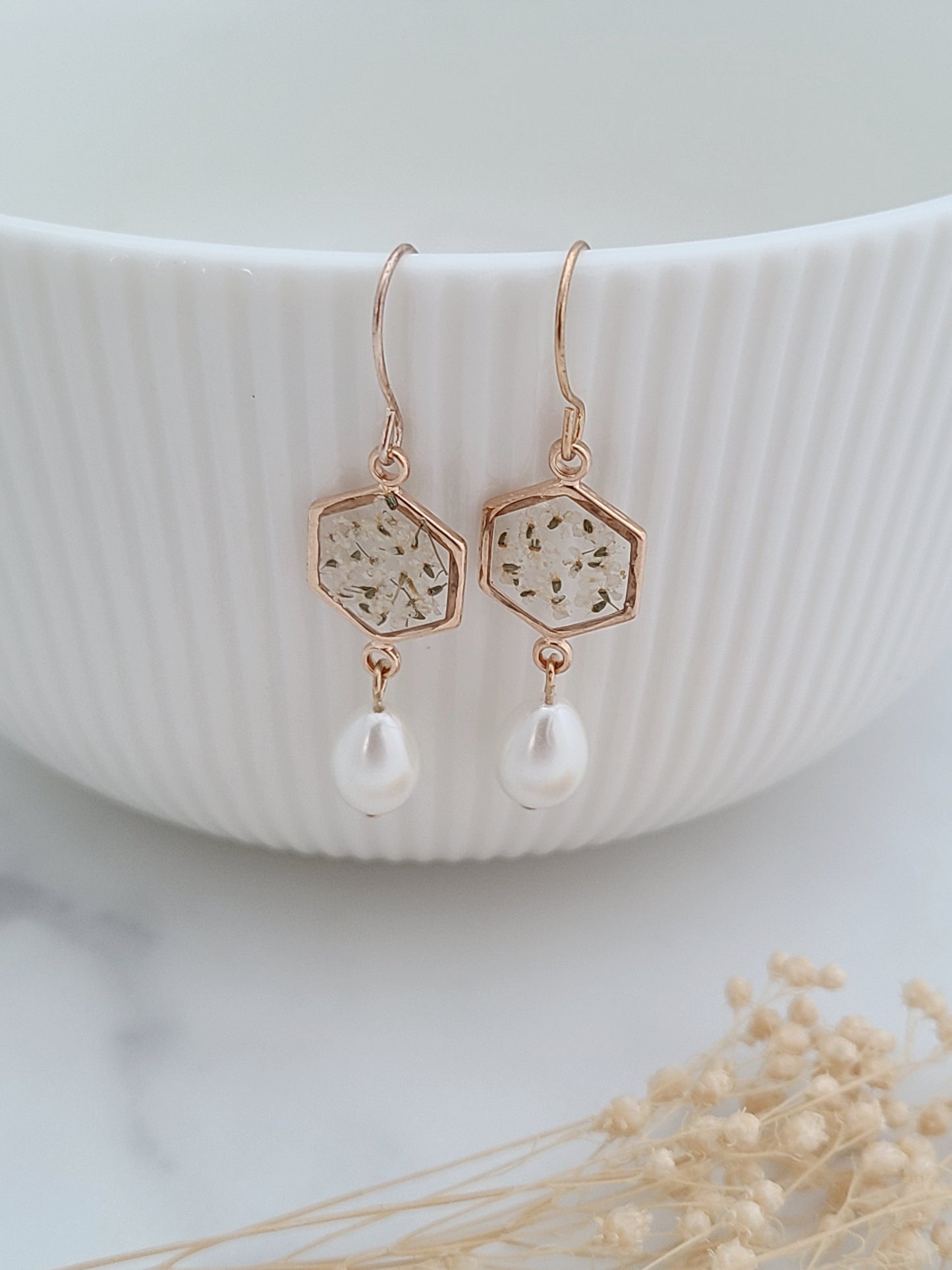 Pearl Drop and Real Flower Earrings