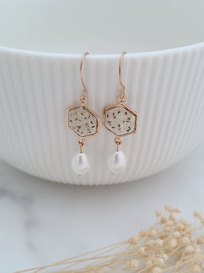 Pearl Drop and Real Flower Earrings