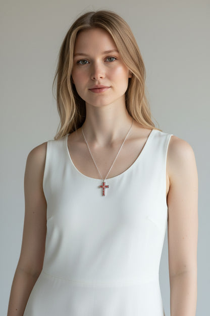 Red Flower and Mustard Seed Cross Necklace