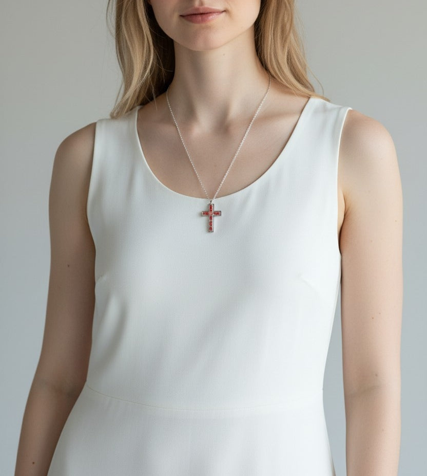 Red Flower and Mustard Seed Cross Necklace