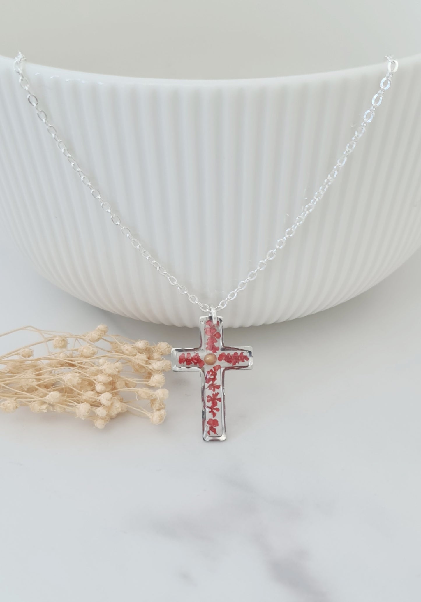Red Flower and Mustard Seed Cross Necklace
