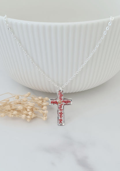 Red Flower and Mustard Seed Cross Necklace