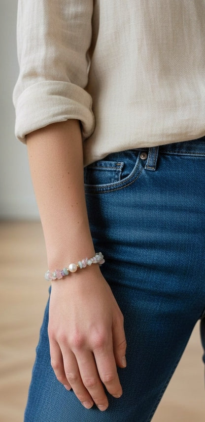 Mixed Multicoloured Gemstone Bracelet with Freshwater Pearl Centrepiece