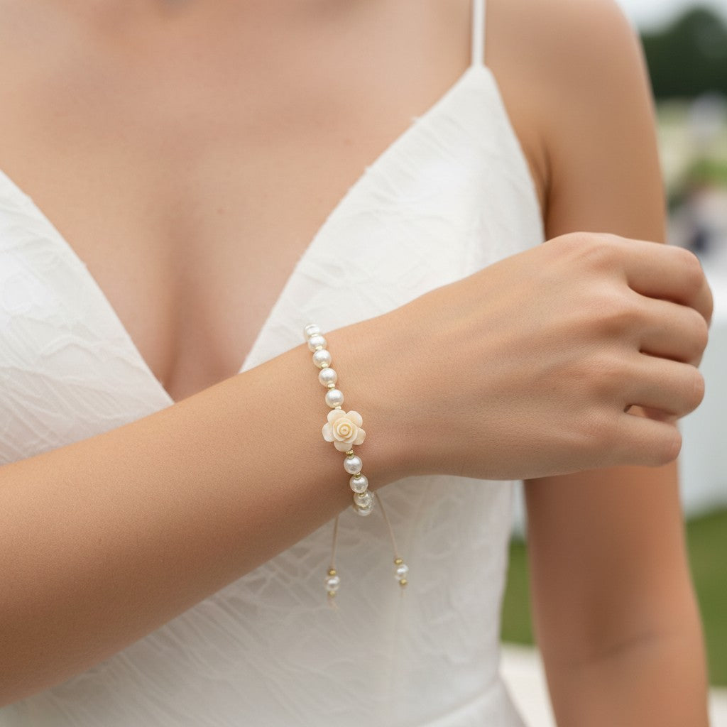 Bridal Party Pearl & Resin Rose Initial Bracelet – Personalised Wedding Gifts