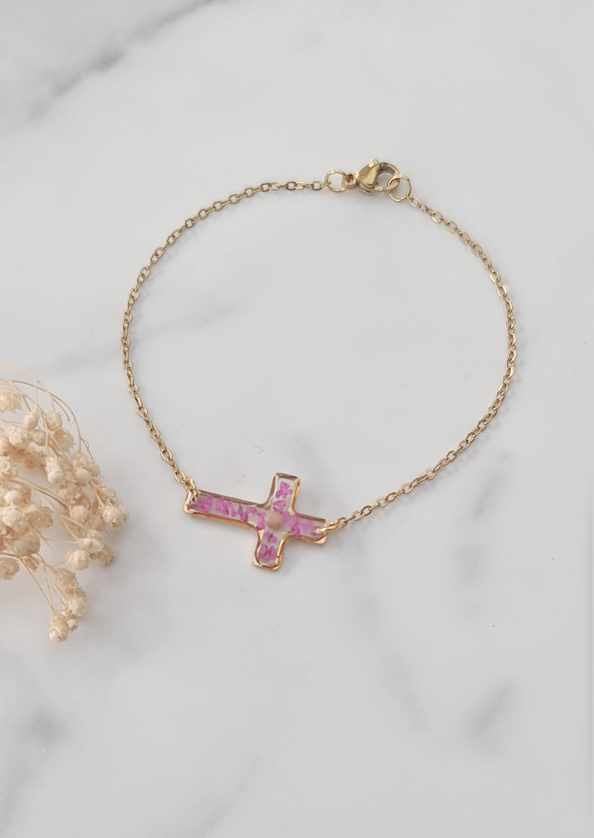 Pink Flower Cross and Mustard Seed Bracelet