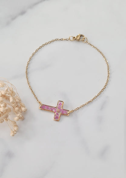 Pink Flower Cross and Mustard Seed Bracelet
