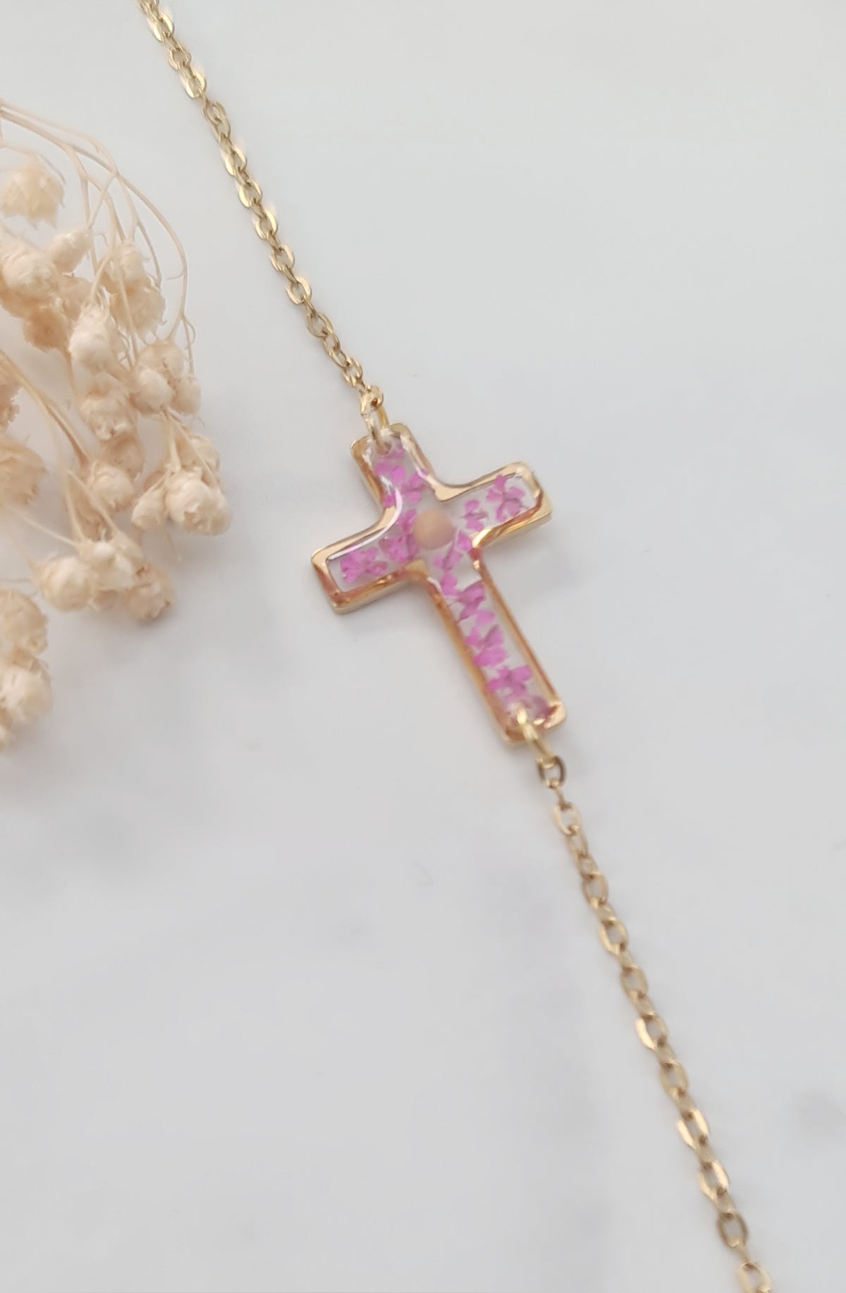 Pink Flower Cross and Mustard Seed Bracelet