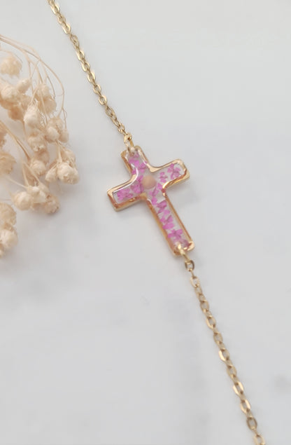 Pink Flower Cross and Mustard Seed Bracelet