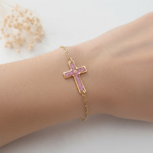 Pink Flower Cross and Mustard Seed Bracelet