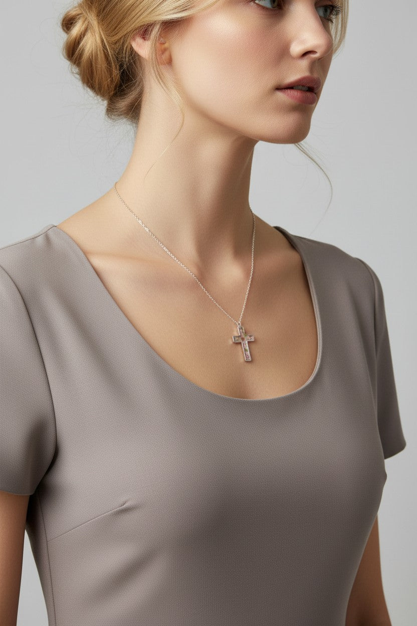 Pink Flower and Mustard Seed Silver Cross Necklace with Fern Leaves
