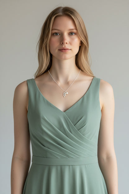 Silver Leaf Pendant with a Pearl Charm Necklace
