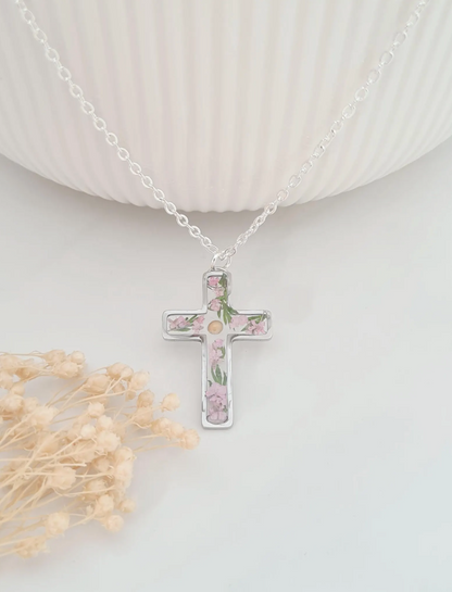 Pink Flower and Mustard Seed Silver Cross Necklace with Fern Leaves