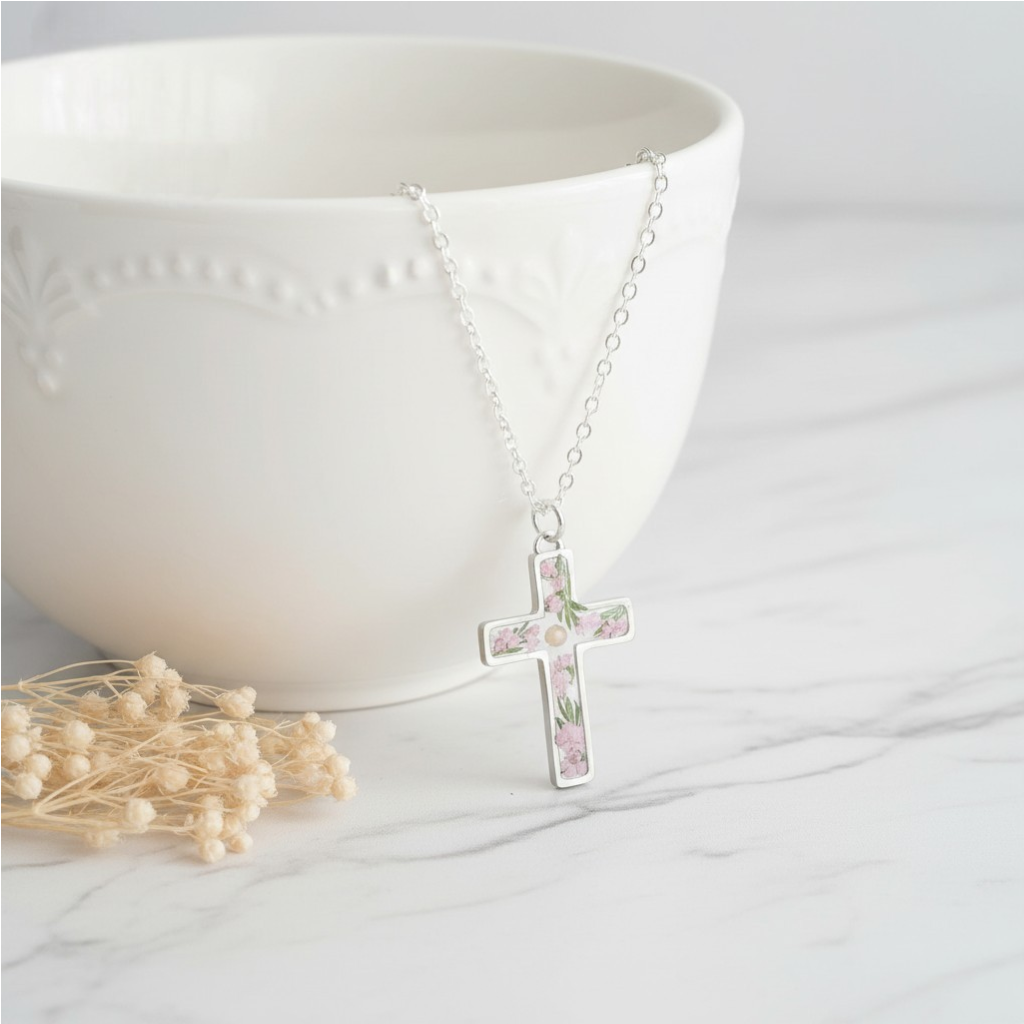 Pink Flower and Mustard Seed Silver Cross Necklace with Fern Leaves