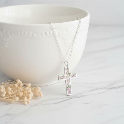 Pink Flower and Mustard Seed Silver Cross Necklace with Fern Leaves