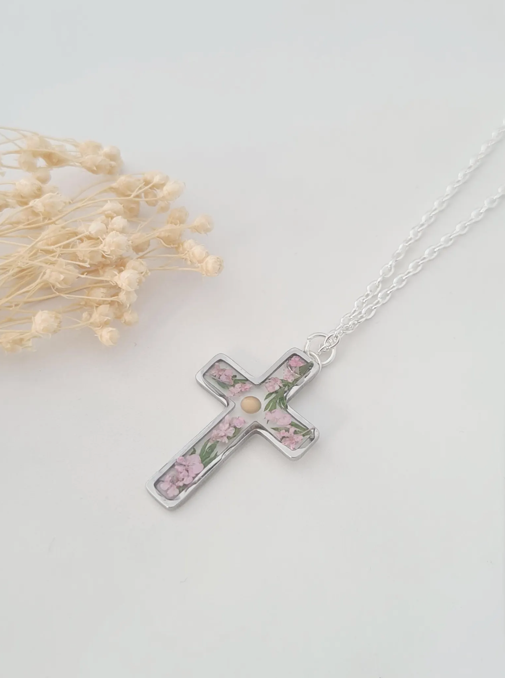 Pink Flower and Mustard Seed Silver Cross Necklace with Fern Leaves