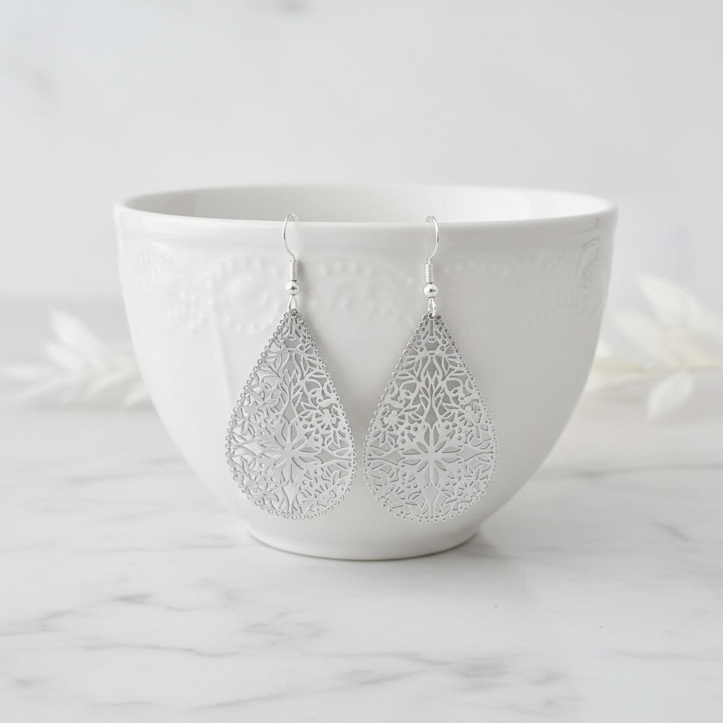 Silver Lace Filigree Dangle Earrings