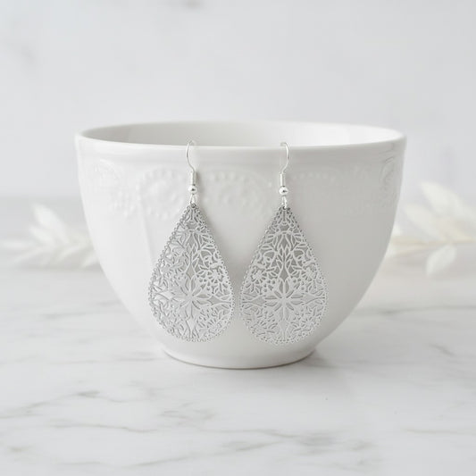 Silver Lace Filigree Dangle Earrings