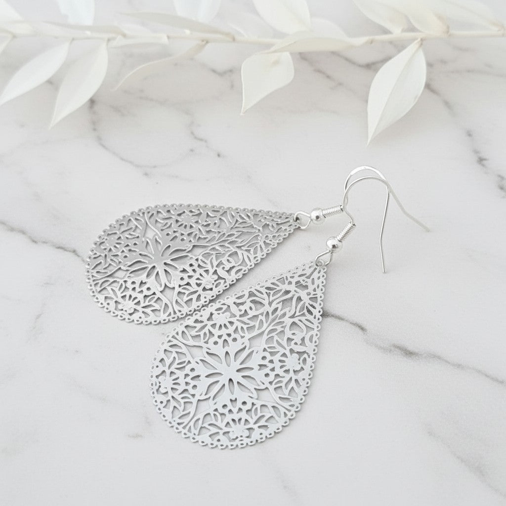 Silver Lace Filigree Dangle Earrings