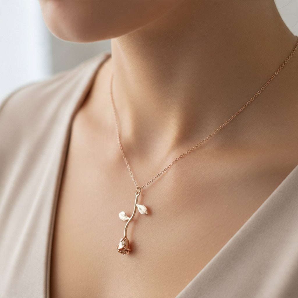 Rose Gold Single Long Stemmed Rose Pendant Necklace