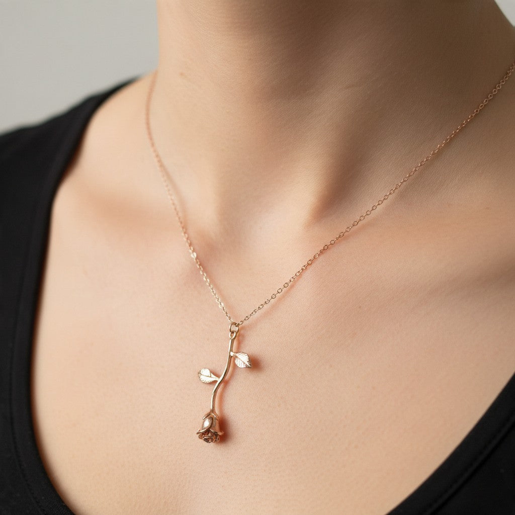 Rose Gold Single Long Stemmed Rose Pendant Necklace