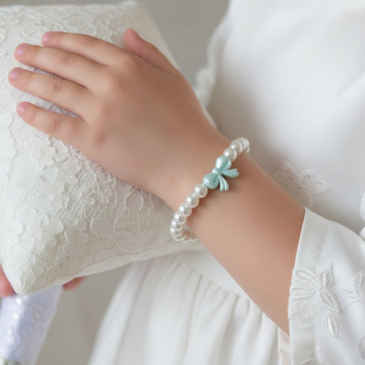 Custom Acrylic Ribbon Bow Pearl Bracelet | Bridesmaid & Flower Girl