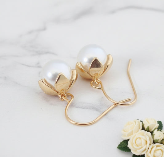 Dainty Pearl Leaf Capped Flower Dangle Earrings – Gold Plated
