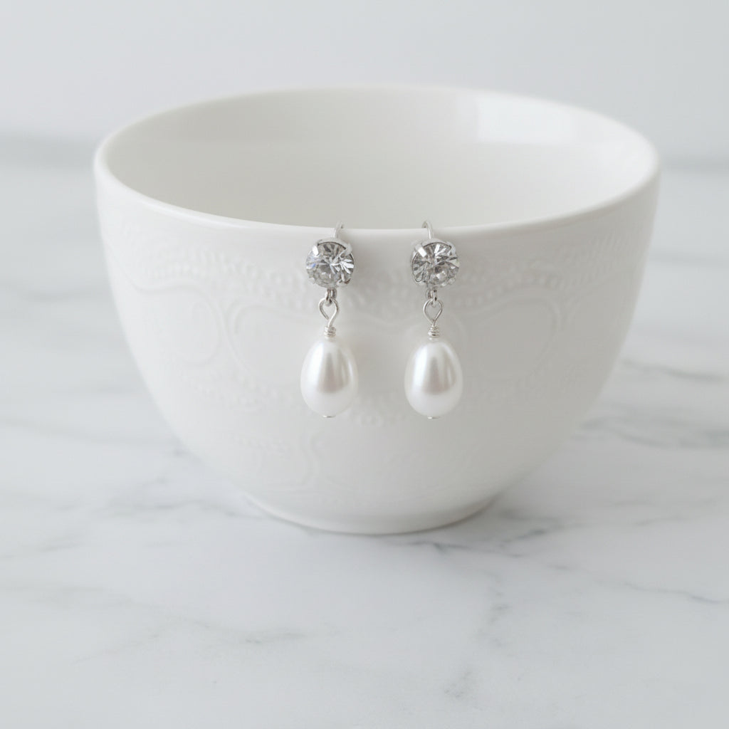 Simple Pearl Drop Earrings with Sparkly Cubic Zirconia Studs – Silver Plated