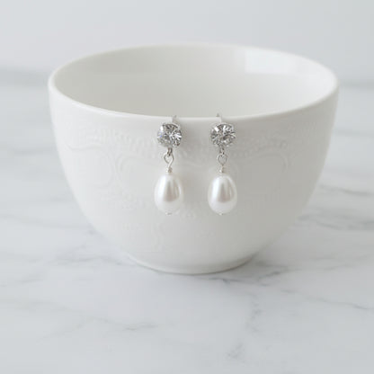 Simple Pearl Drop Earrings with Sparkly Cubic Zirconia Studs – Silver Plated