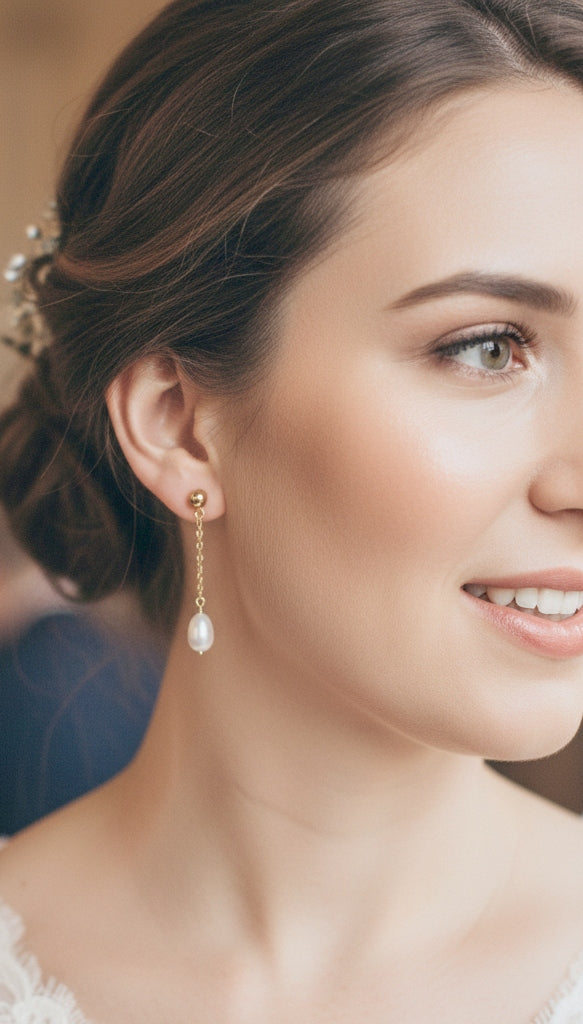 Long Pearl Drop Chain Earrings – Gold Plated Ball Studs