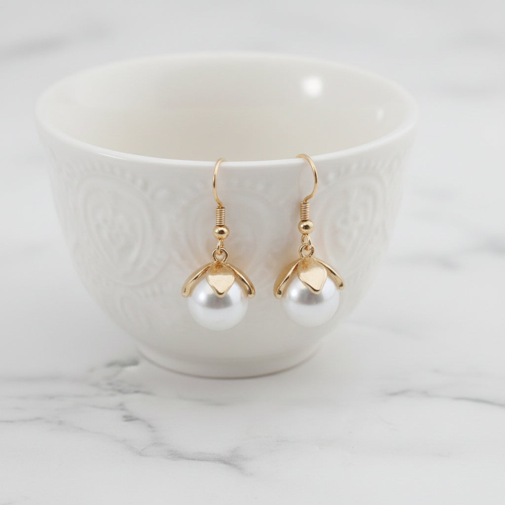 Dainty Pearl Leaf Capped Flower Dangle Earrings – Gold Plated