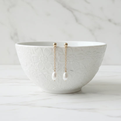 Long Pearl Drop Chain Earrings – Gold Plated Ball Studs