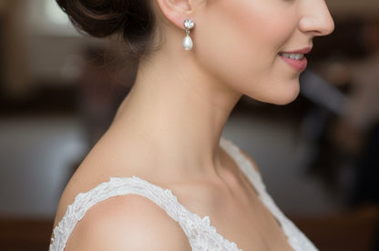 Simple Pearl Drop Earrings with Sparkly Cubic Zirconia Studs – Silver Plated