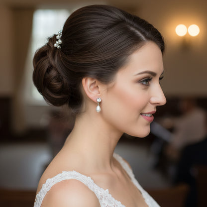 Simple Pearl Drop Earrings with Sparkly Cubic Zirconia Studs – Silver Plated