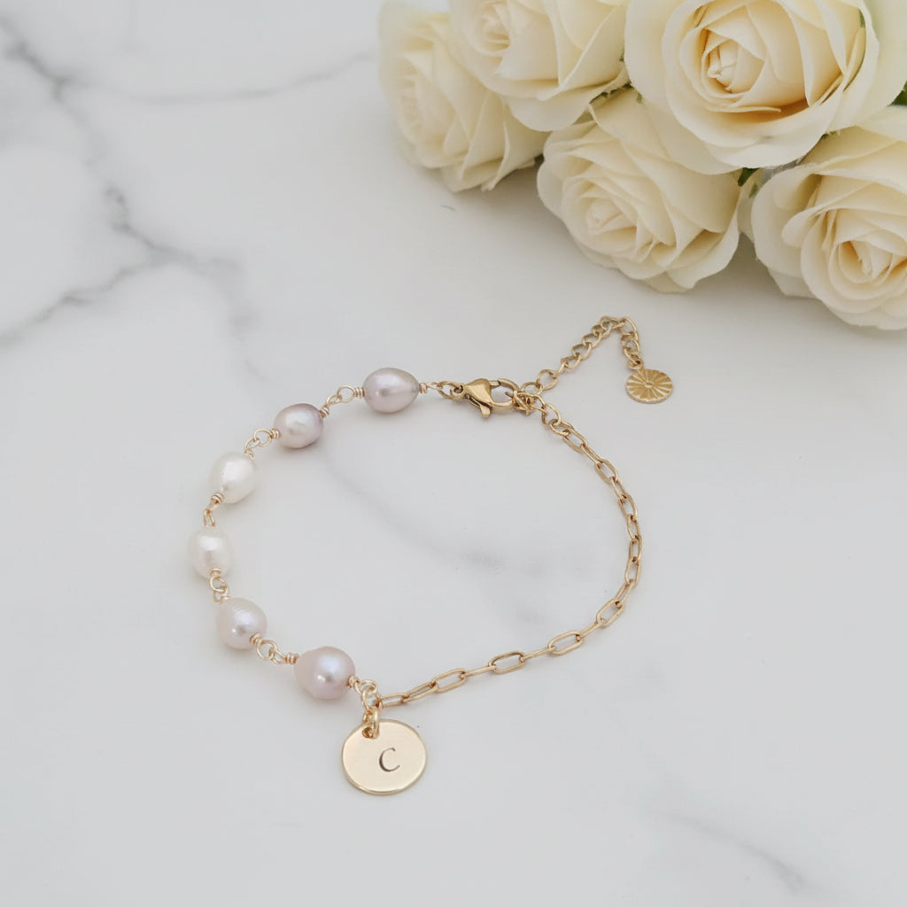 Personalised Freshwater Pearl & Gold Paperclip Chain Bracelet