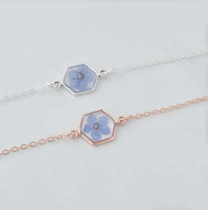 Real Forget-Me-Not Flower Hexagon Bracelet – Silver or KC Gold Plated