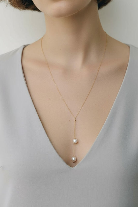 Gold or Silver and Swarovski Pearl Lariat Necklace