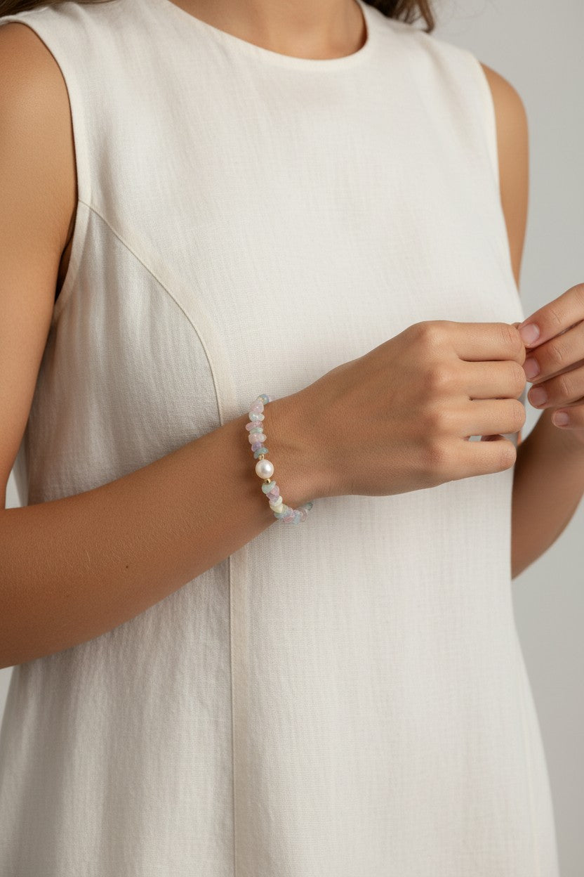 Mixed Multicoloured Gemstone Bracelet with Freshwater Pearl Centrepiece