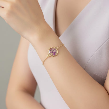 Real Purple & White Flower Resin Bracelet – Gold Plated Botanical Jewellery
