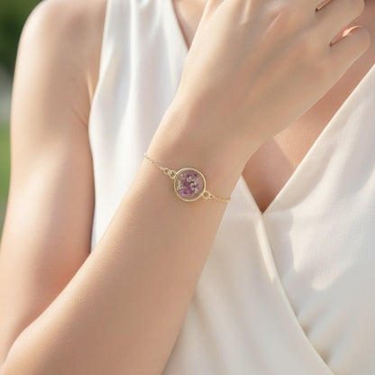 Real Purple & White Flower Resin Bracelet – Gold Plated Botanical Jewellery