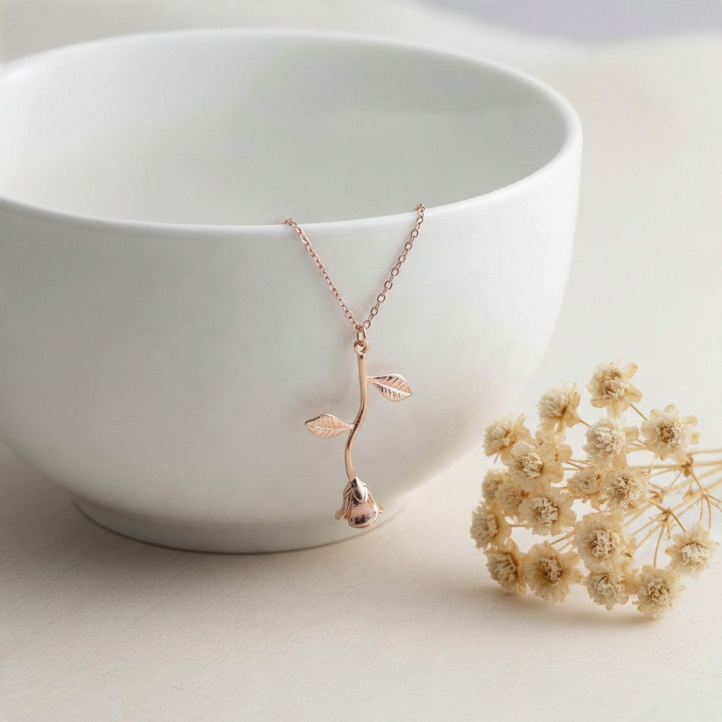 Rose Gold Single Long Stemmed Rose Pendant Necklace