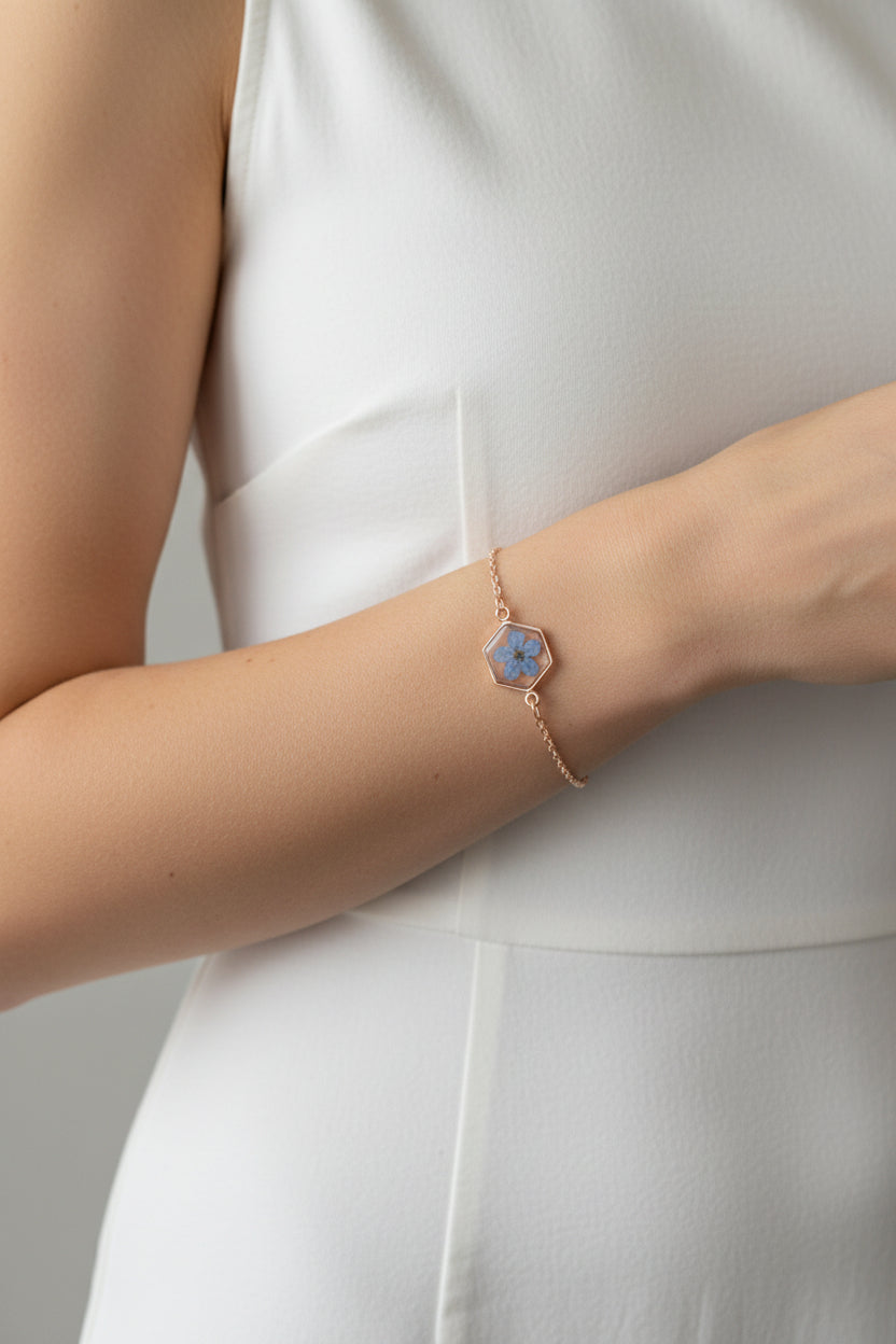 Real Forget-Me-Not Flower Hexagon Bracelet – Silver or KC Gold Plated