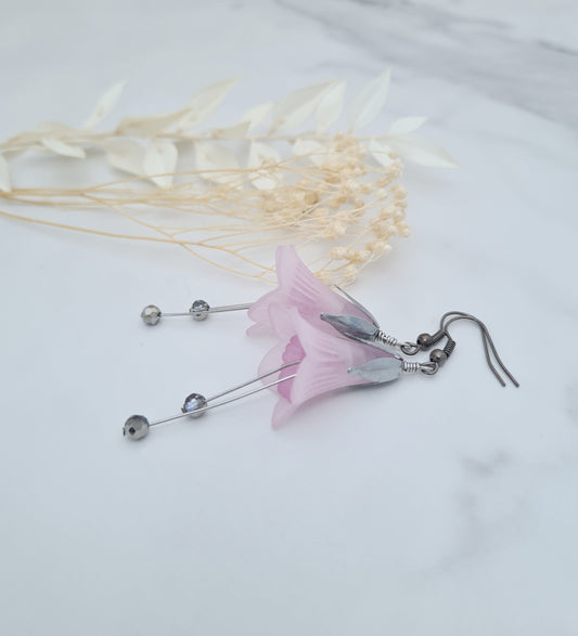 Pink and Silver Crystal Flower Chandelier Earrings