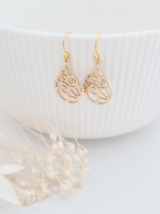 Shiny Gold Filigree Scroll Dangle Earrings